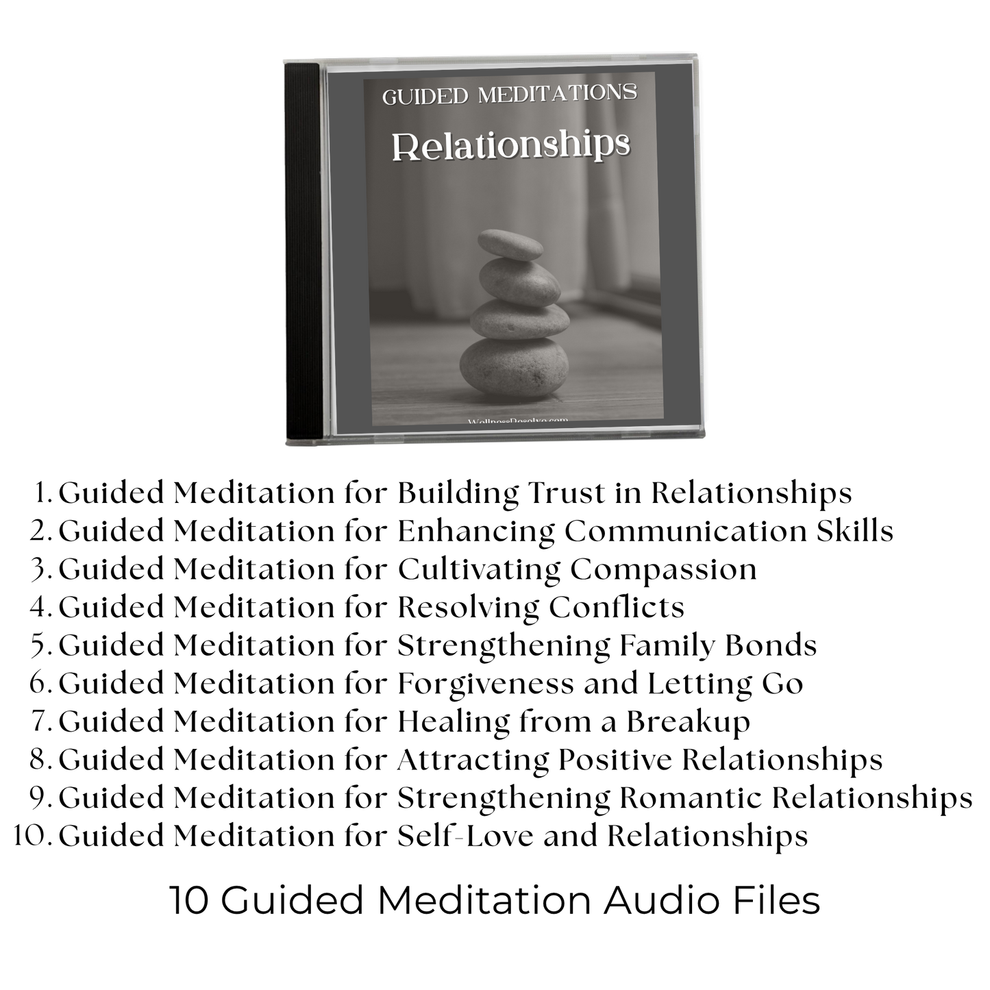 Product packaging for 'Guided Meditations Financial Management' with a list of guided meditations on a white background.